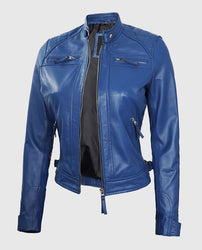 Women's Blue Diamond Cafe Racer Leather Jacket
