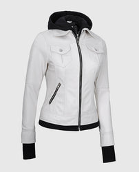 Women's White Bomber Leather Jacket with Hood