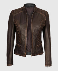 Women's Rachel Dark Brown Rub-off Cafe Racer Leather Jacket