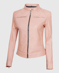 Women's Cafe Racer Light Pink Leather Jacket