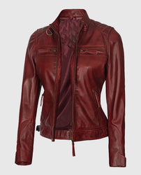 Johnson Women's Maroon Quilted Cafe Racer Leather Jacket