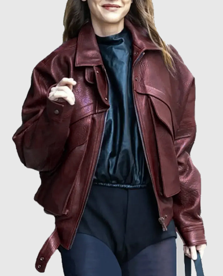 Barbara Palvin Leather Bomber Jacket