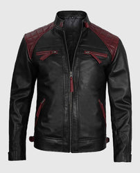 Men's Quilted Cafe Racer Black and Maroon Leather Jacket
