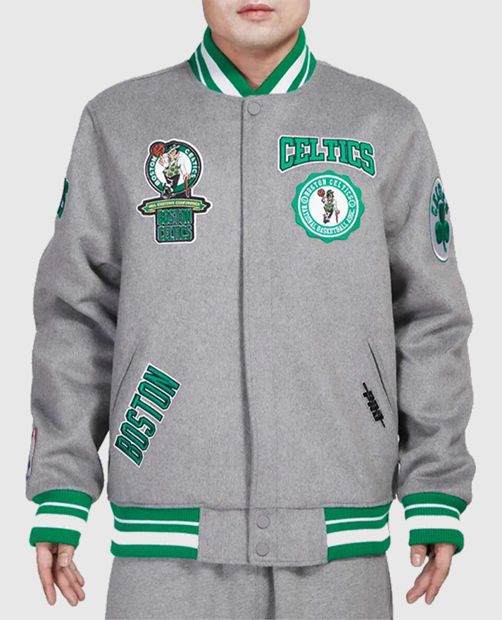 Boston Celtics Crest Emblem Heather Grey Varsity Wool Jacket