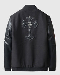 Men's Chrome Cross Letterman Bomber Black Jacket