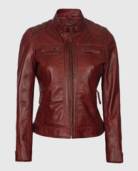 Johnson Women's Maroon Quilted Cafe Racer Leather Jacket