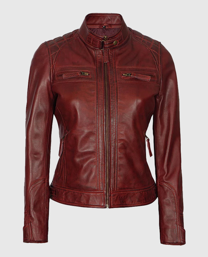 Johnson Women's Maroon Quilted Cafe Racer Leather Jacket