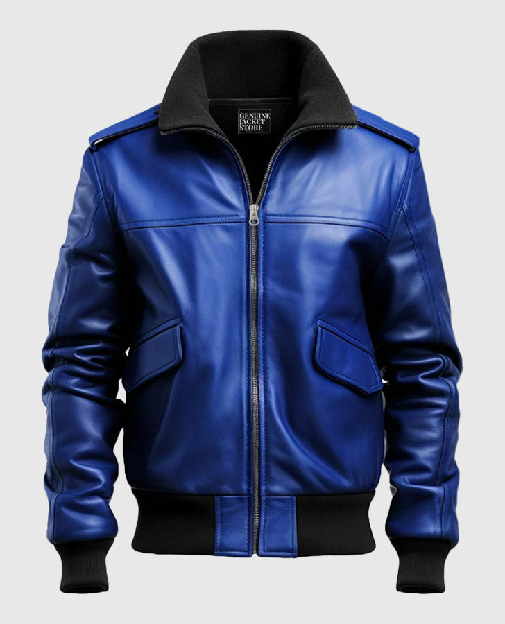 Men's Blue Leather Bomber Jacket