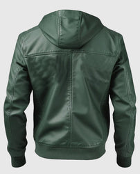 Men's Green  Faux Leather Jacket With Hood