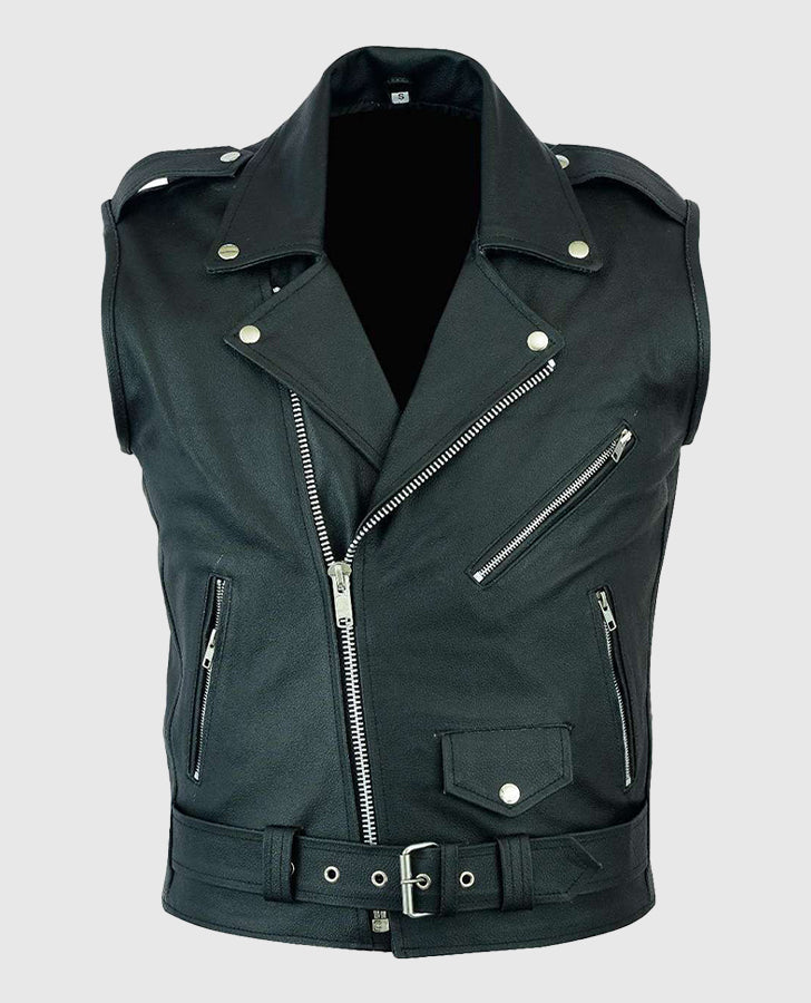 Men's Black Leather Biker Vest