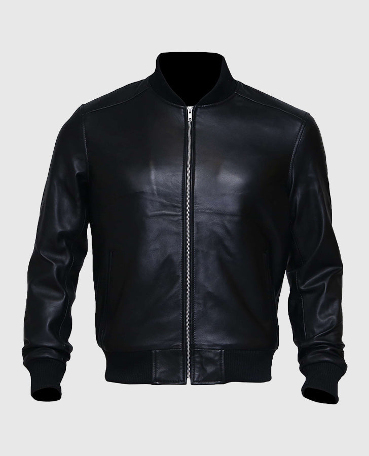 Men's Black Sheepskin Leather Varsity Bomber Jacket