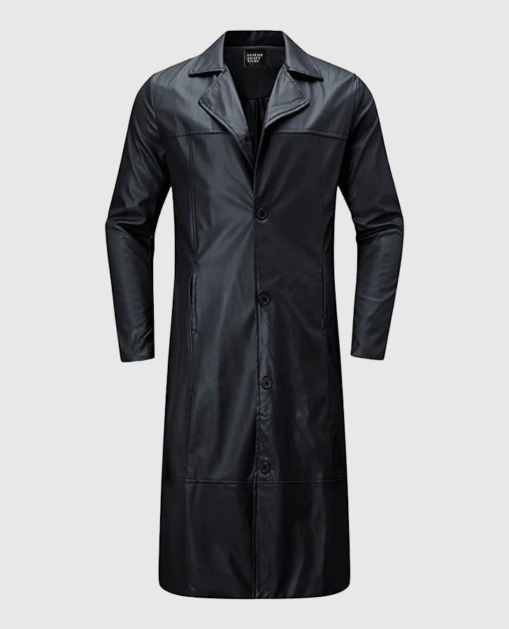 Men's Black Leather Long Coat