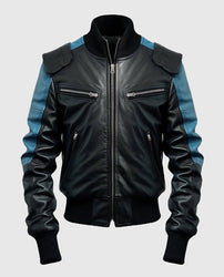 Men's Blue Black Bomber Leather Jacket