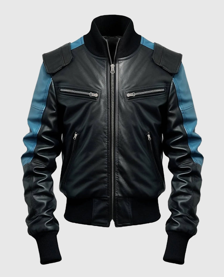 Men's Blue Black Bomber Leather Jacket