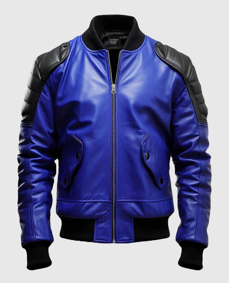 Men's Blue & Black Leather Bomber Jacket