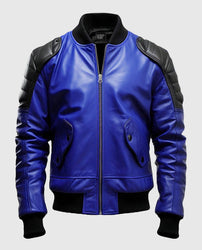 Men's Blue & Black Leather Bomber Jacket
