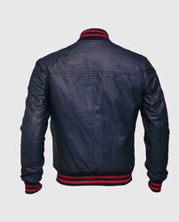 Men's Blue Sheepskin Leather Varsity Bomber Jacket