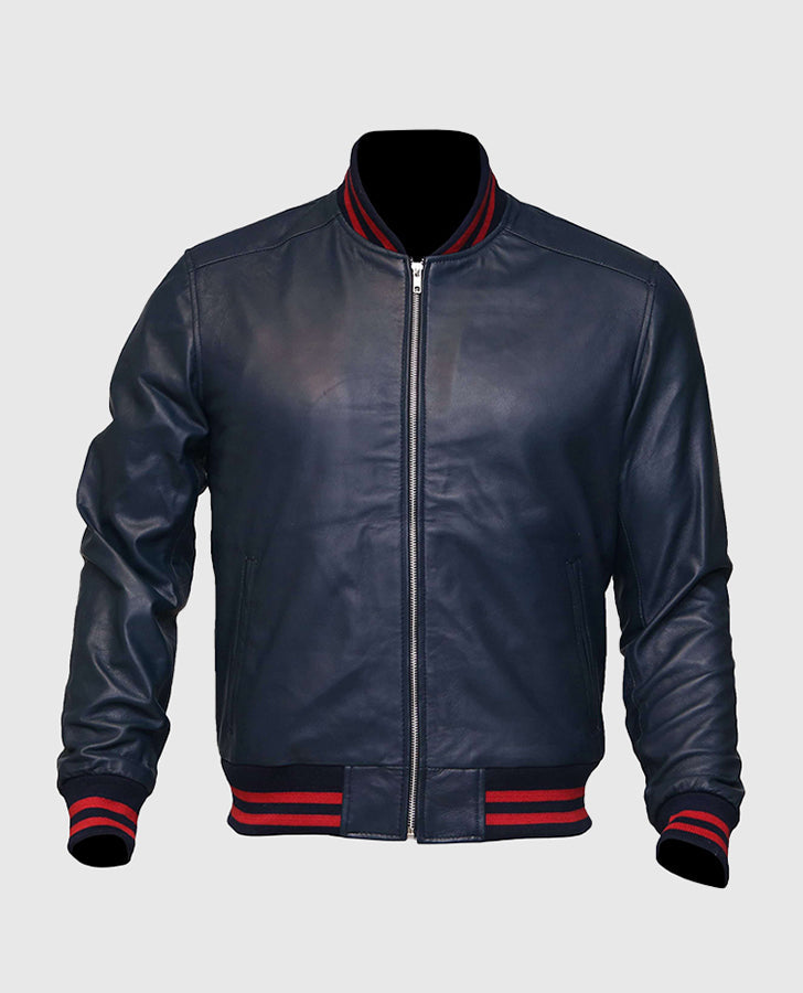 Men's Blue Sheepskin Leather Varsity Bomber Jacket