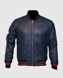 Men's Blue Sheepskin Leather Varsity Bomber Jacket