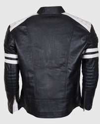 Men's White Stripes Black Cafe Racer Leather Jacket