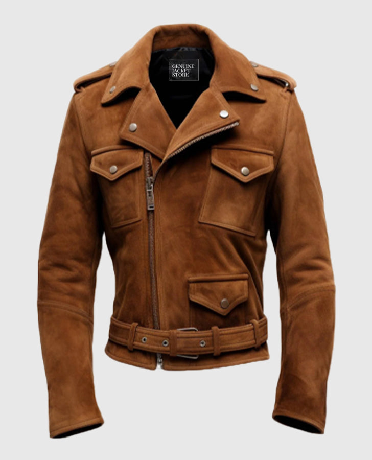 Men's Camel Brown Biker Suede Leather Jacket