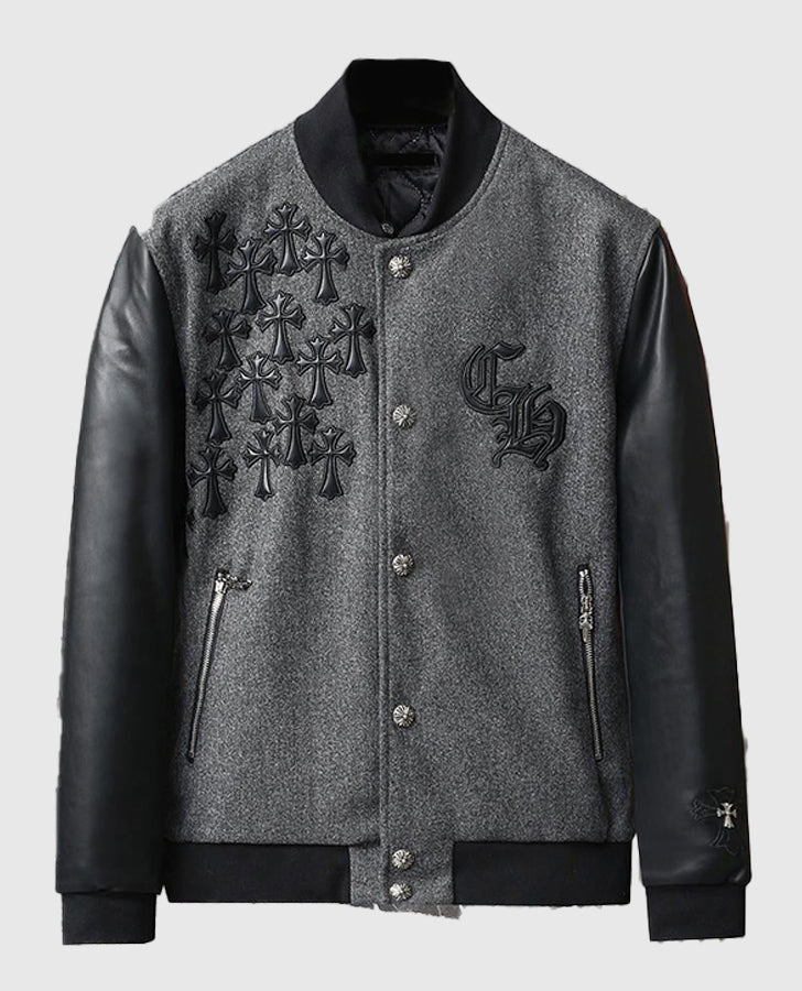 Men's Chrome Cross Letterman Bomber Grey Jacket