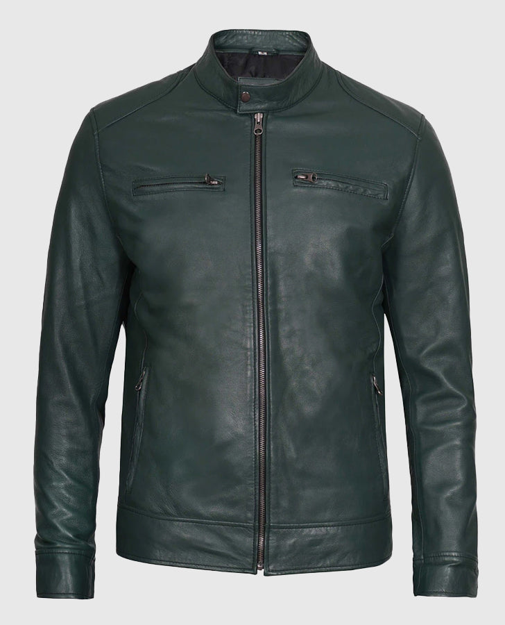 Men's Dark Green Cafe Racer Leather Jacket