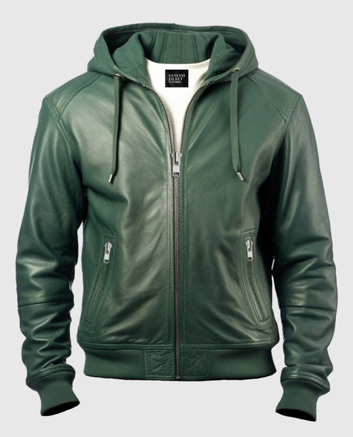 Men's Green  Faux Leather Jacket With Hood