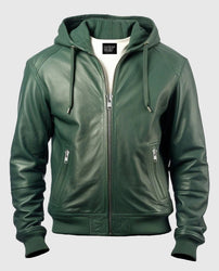 Men's Green  Faux Leather Jacket With Hood