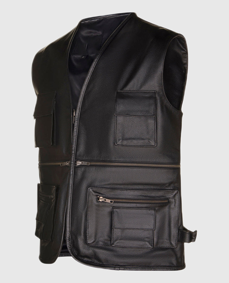 Multi-Pocket Leather Waistcoat for Biking