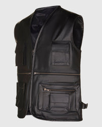 Multi-Pocket Leather Waistcoat for Biking