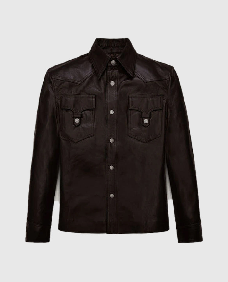 Men's Shirt Collar Style Coffee Brown Leather Jacket