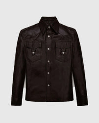Men's Shirt Collar Style Coffee Brown Leather Jacket