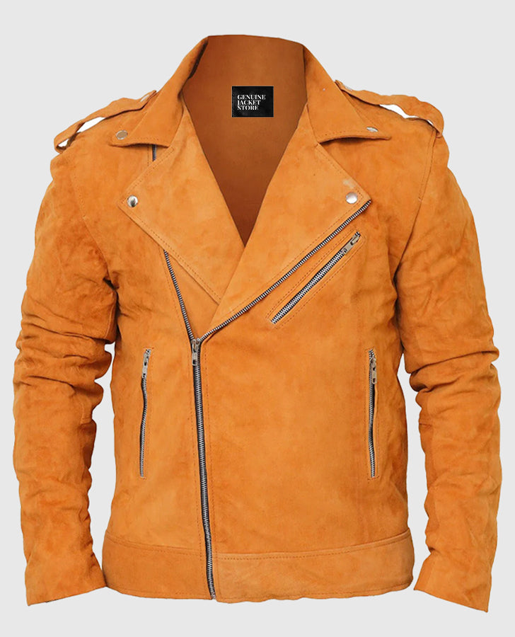 Men's Suede Leather Camel Brown Biker Leather Jacket