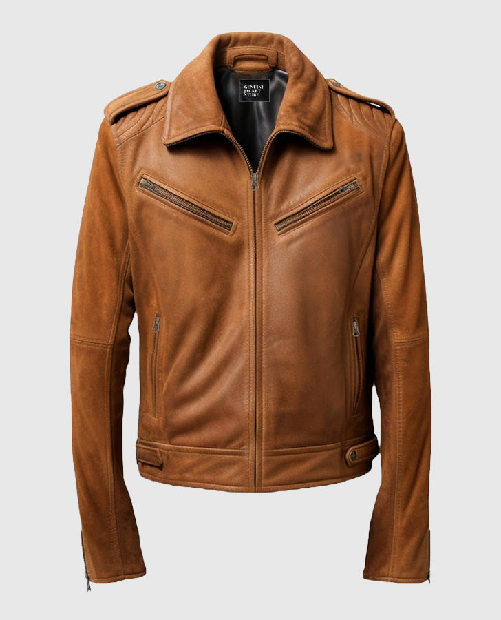 Men's Suede Leather Jacket Camel Brown