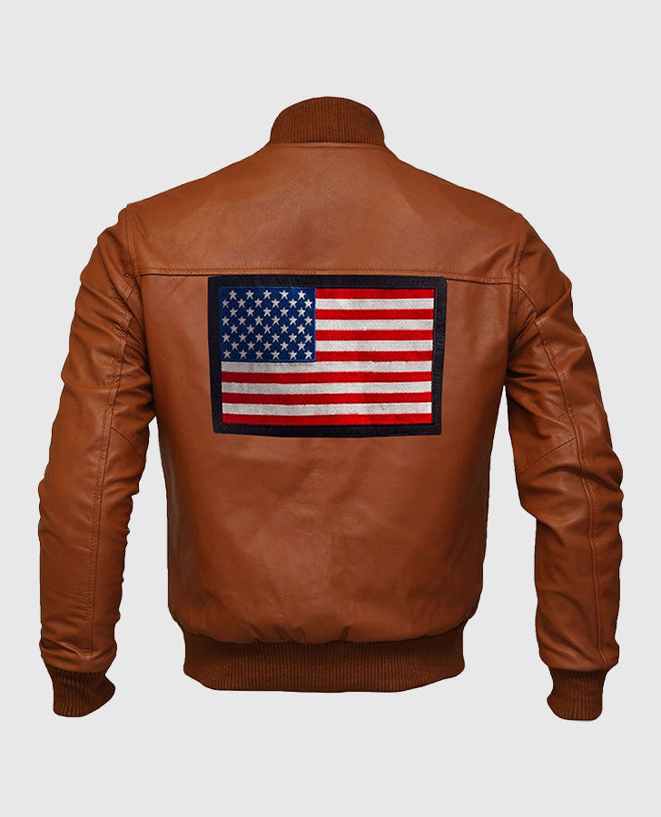 Men's US Flag Tan Brown Bomber Leather Jacket