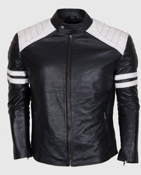 Men's White Stripes Black Cafe Racer Leather Jacket