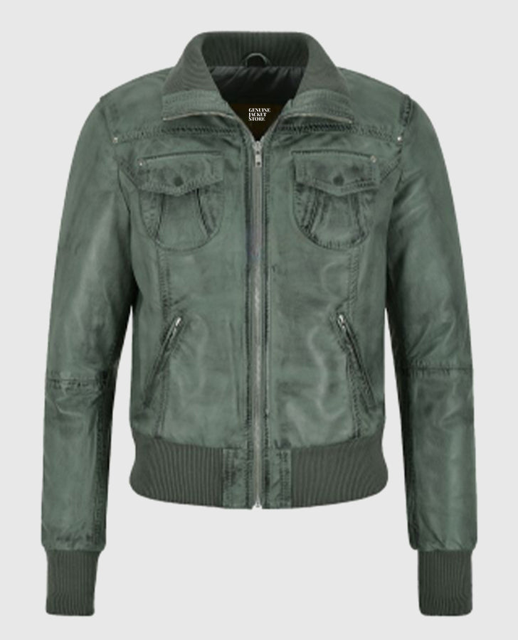 Women's Aviator Grey Bomber Leather Jacket