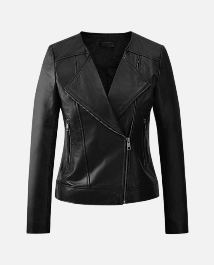 Women's Black Collarless Biker Leather Jacket