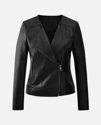 Women's Black Collarless Biker Leather Jacket