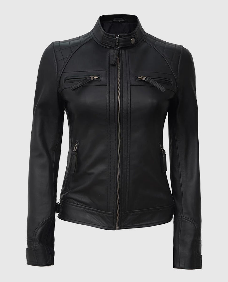 Women's Black Quilted Cafe Racer Leather Jacket