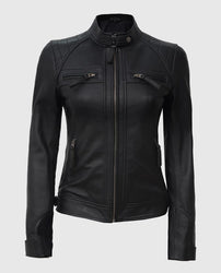 Women's Black Quilted Cafe Racer Leather Jacket