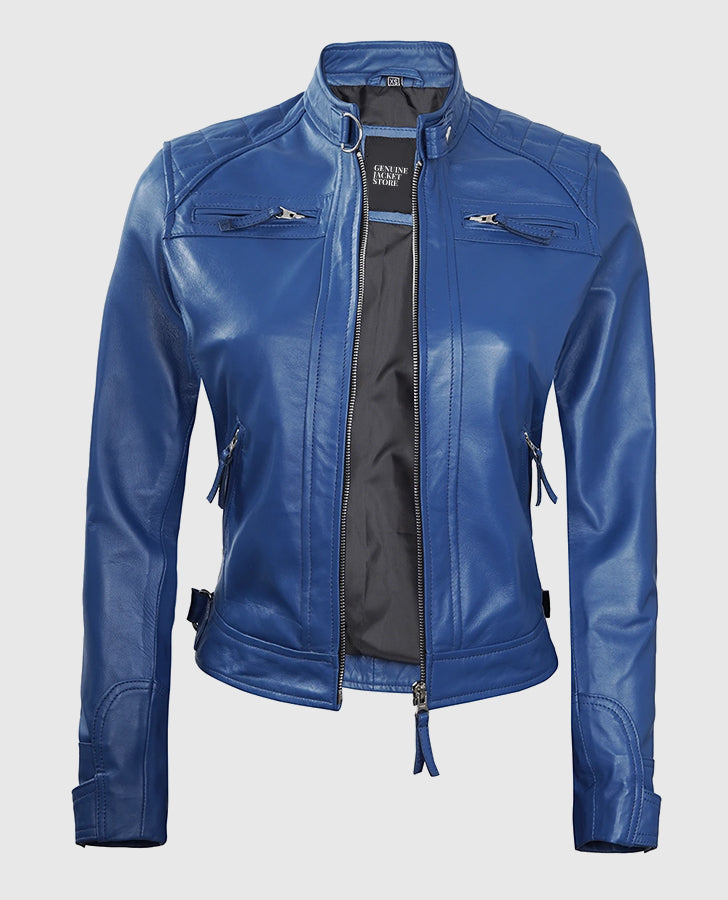Women's Blue Diamond Cafe Racer Leather Jacket