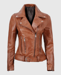Women's Light Brown Asymmetrical Leather Biker Jacket - Belted