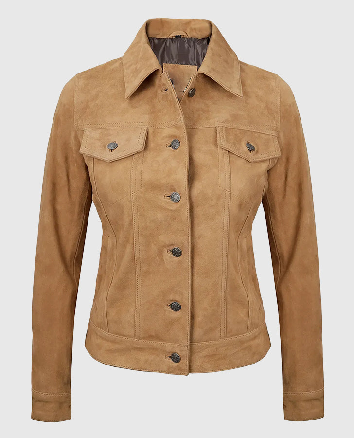 Women's Light Brown Suede Leather Trucker Jacket