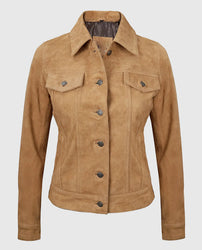 Women's Light Brown Suede Leather Trucker Jacket