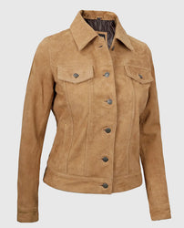 Women's Light Brown Suede Leather Trucker Jacket