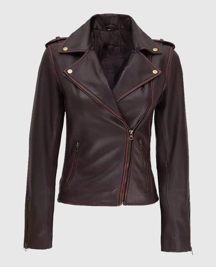 Women's Maroon Asymmetrical Leather Motorcycle Jacket