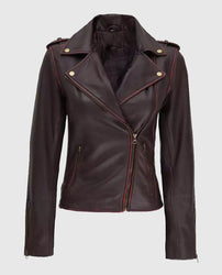Women's Maroon Asymmetrical Leather Motorcycle Jacket