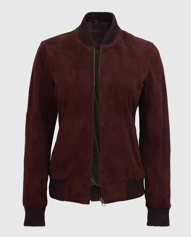 Women's Maroon Suede Leather Bomber Jacket